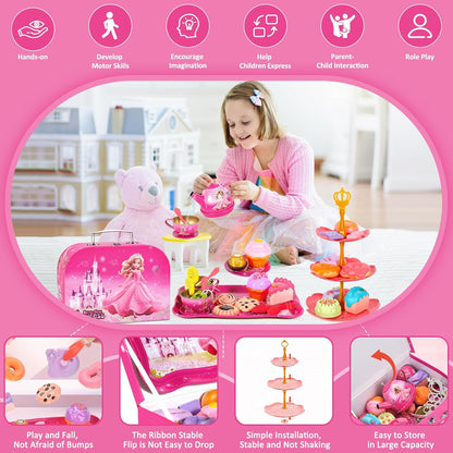 52-Piece Tea Party Set, Tea Set for Kids, Tin Teapots Set, Princesses