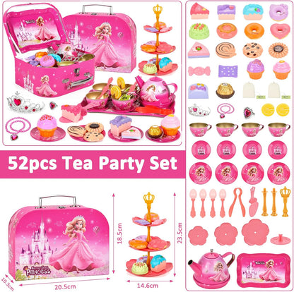 52-Piece Tea Party Set, Tea Set for Kids, Tin Teapots Set, Princesses