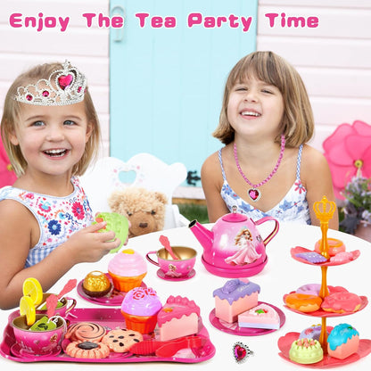 52-Piece Tea Party Set, Tea Set for Kids, Tin Teapots Set, Princesses