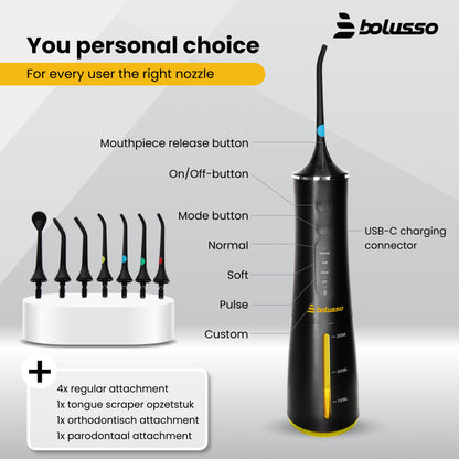 Bolusso Water Flosser - Includes 7 Attachments - Travel bag - E-book -