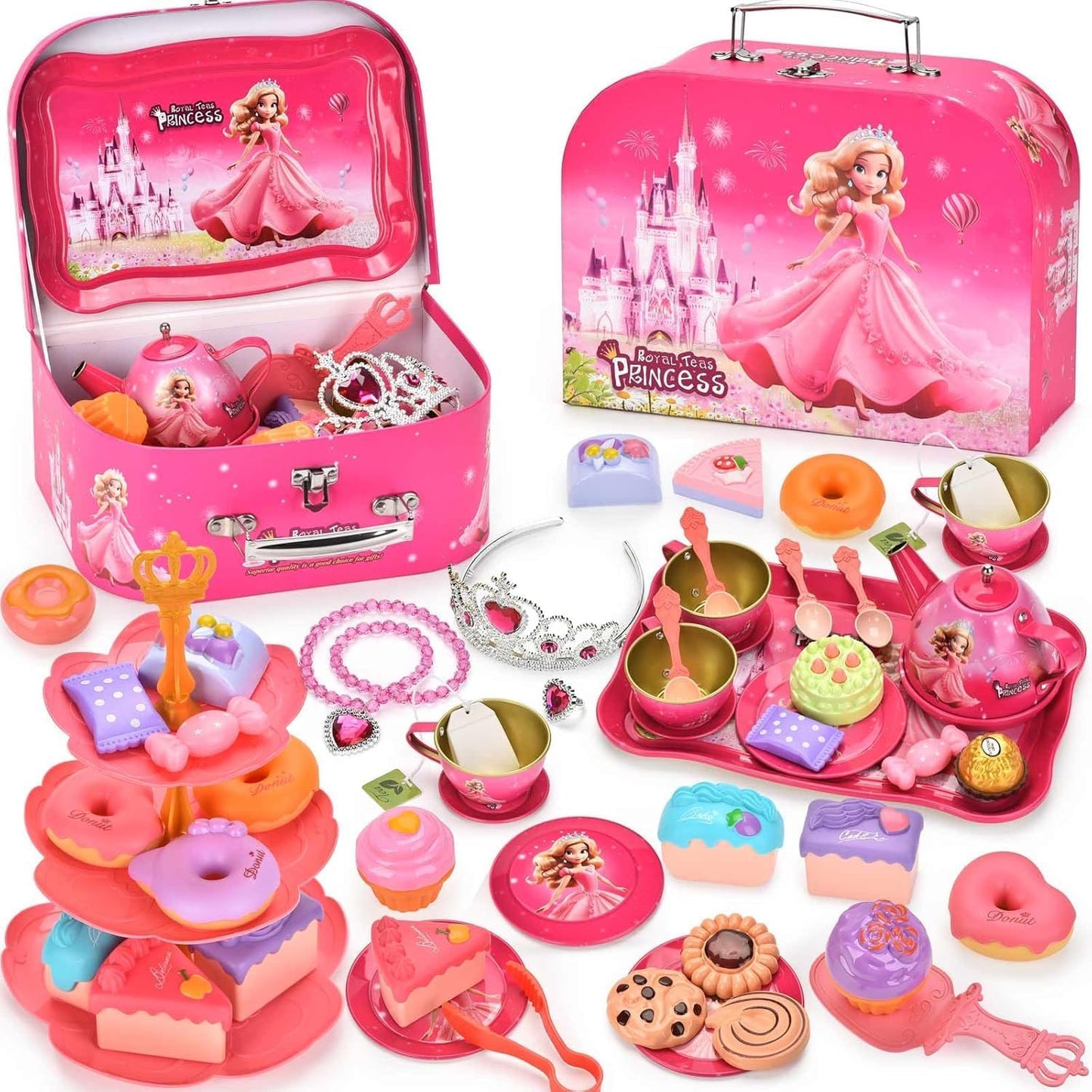 52-Piece Tea Party Set, Tea Set for Kids, Tin Teapots Set, Princesses