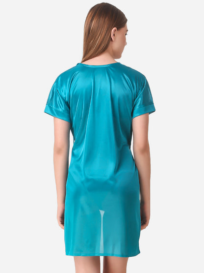 Romaisa Women's Satin Solid Blue Robe with Lingerie Set