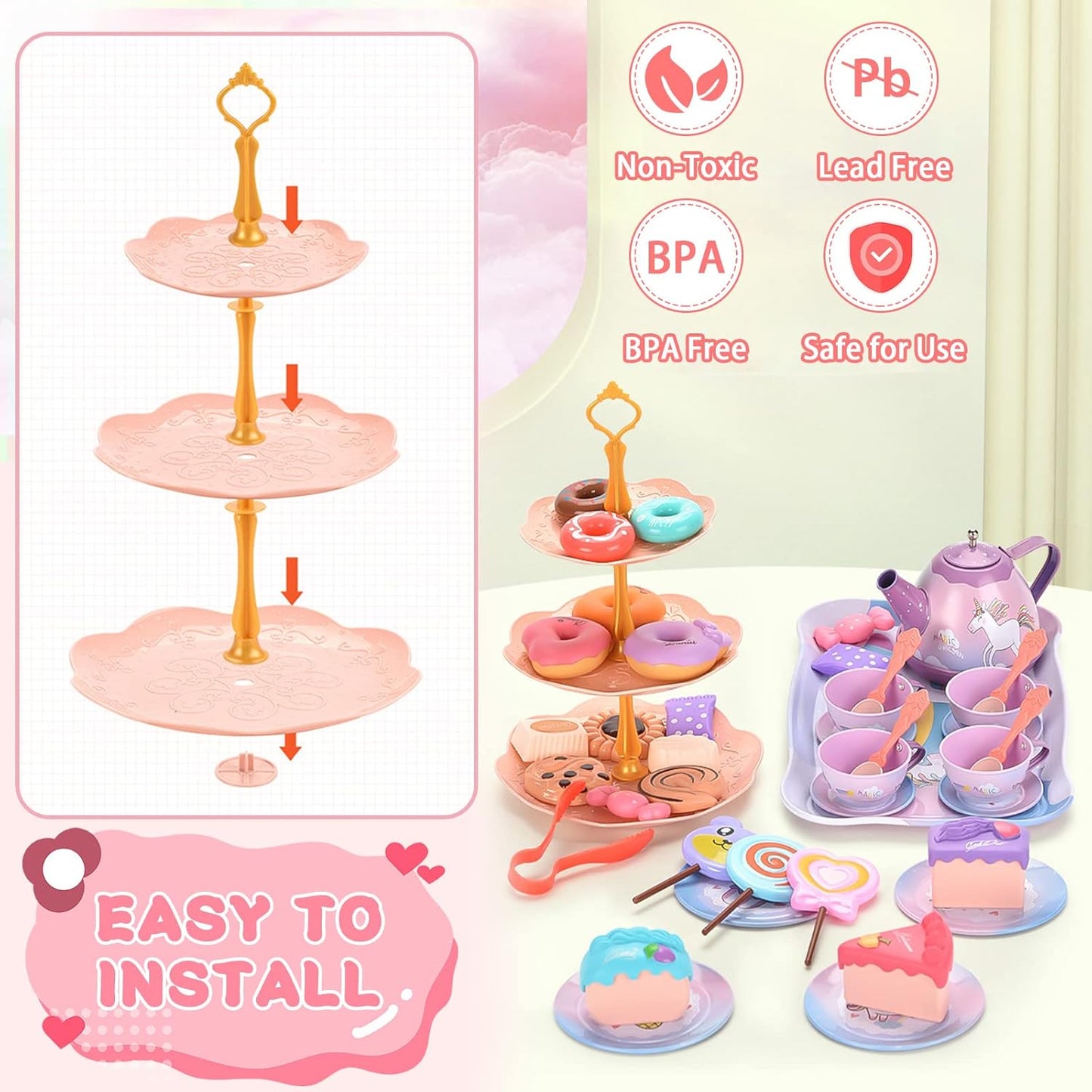 Tea Set for Kids 48 Pieces Toys Dinner for Kids Kitchen Accessories