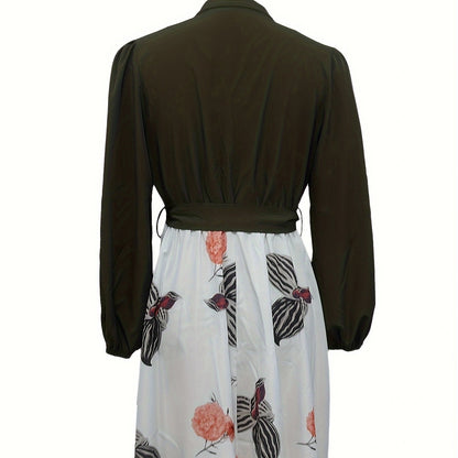 Women Fashion Printed Belt Casual Dress