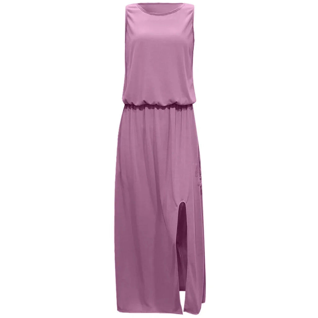Dresses for Women 2023  Wedding Guest Dresses Casual Sleeveless O-Neck Solid Fork Opening Dress in Season Pink XL Size