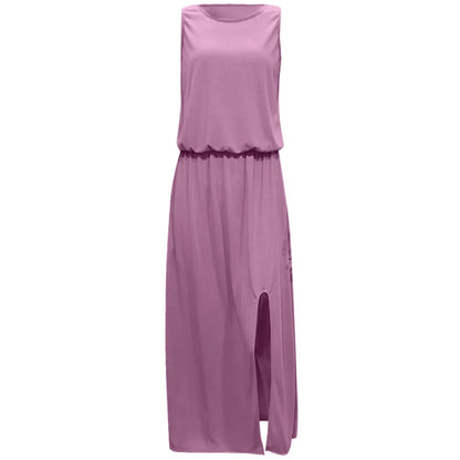 Dresses for Women 2023  Wedding Guest Dresses Casual Sleeveless O-Neck Solid Fork Opening Dress in Season Pink XL Size