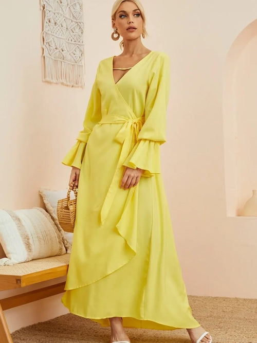 Ruffled Wrap Maxi Dress with Bell Sleeves