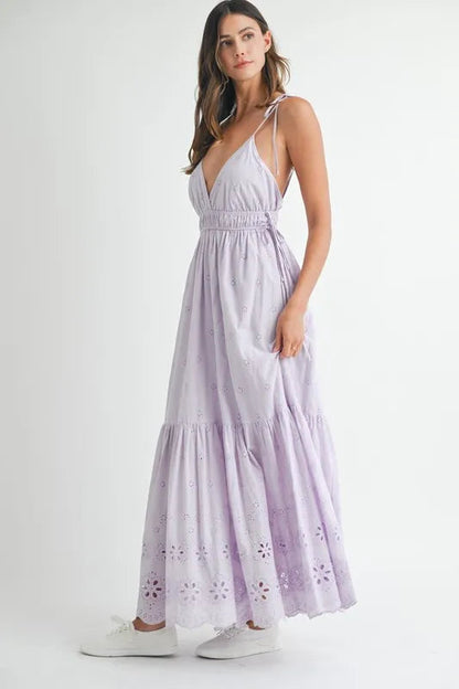 MABLE Eyelet Lace Maxi Dress With Side Strap Details