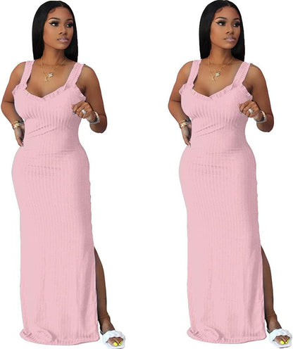 Summer Dresses for Women Sexy Bodycon Tank Dress Sleeveless Long Maxi Dresses Pink