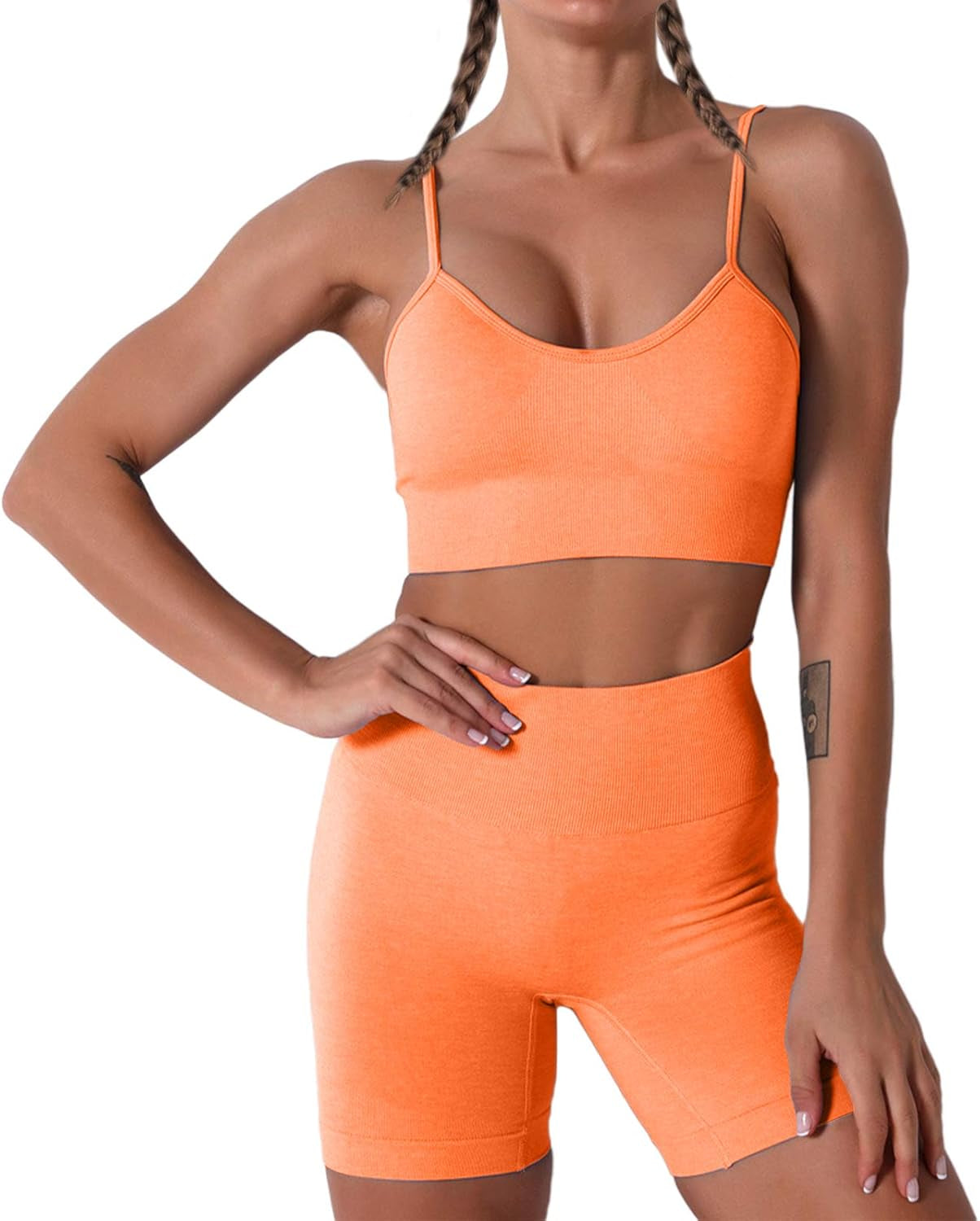 Women Seamless Yoga Set 2 Piece Workout Sport Bra with High Waist Shorts Legging Outfit Tracksuit.