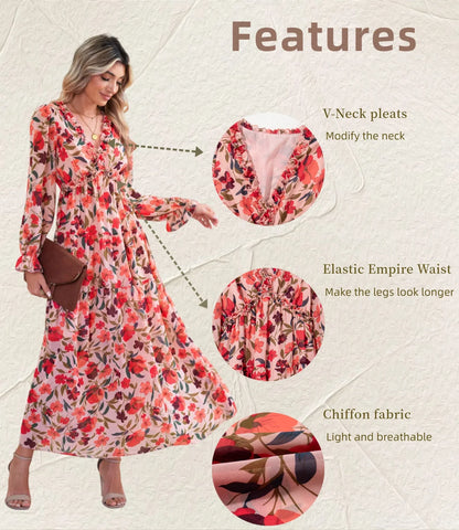 Women'S Red Floral Maxi Dresses Casual Deep V Neck Long Sleeve Evening Dress Cocktail Party Dress for Women, US 8-10(M)