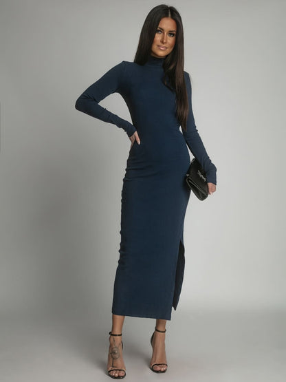 Cotton fitted maxi dress with a turtleneck, navy blue FG680