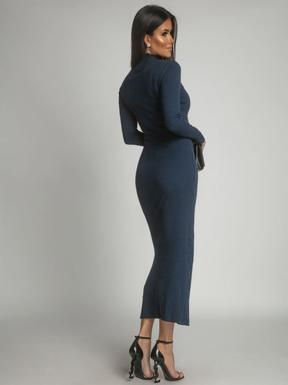 Cotton fitted maxi dress with a turtleneck, navy blue FG680