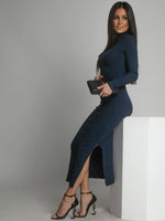 Cotton fitted maxi dress with a turtleneck, navy blue FG680