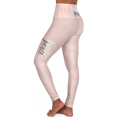 High Waisted Yoga Leggings - Peach Marble Hello Peace Graphic Style