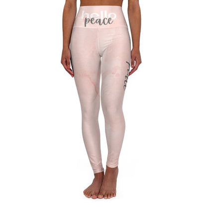 High Waisted Yoga Leggings - Peach Marble Hello Peace Graphic Style