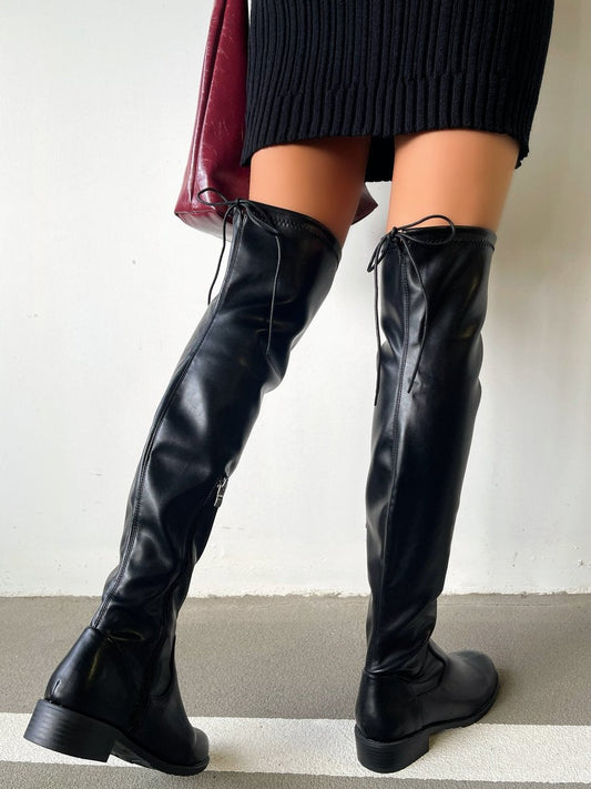 Tie Detail Low Heel Knee High Boots