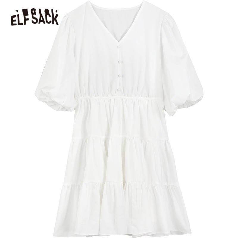 Solid Pure Casual Midi Ruffle Dresses Women,Spring ELF Vintage Lantern
