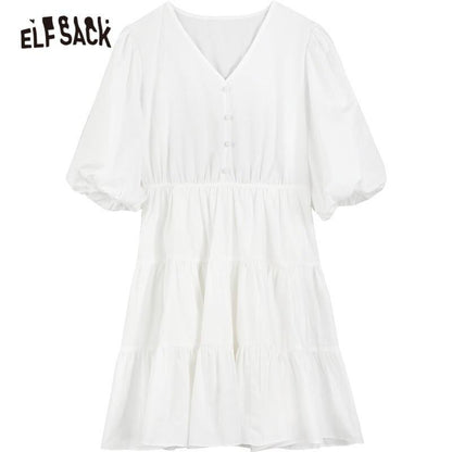 Solid Pure Casual Midi Ruffle Dresses Women,Spring ELF Vintage Lantern