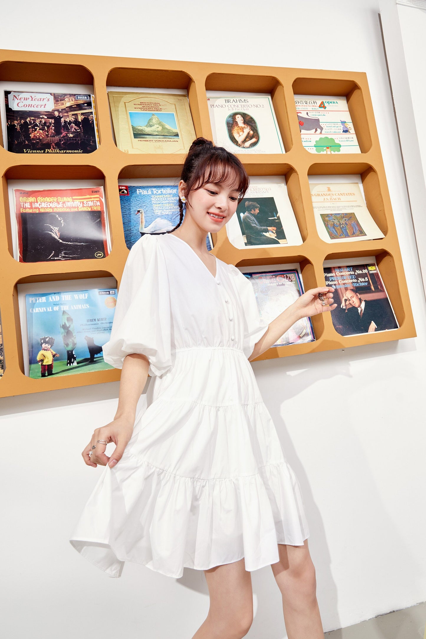 Solid Pure Casual Midi Ruffle Dresses Women,Spring ELF Vintage Lantern