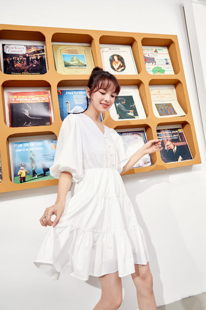 Solid Pure Casual Midi Ruffle Dresses Women,Spring ELF Vintage Lantern