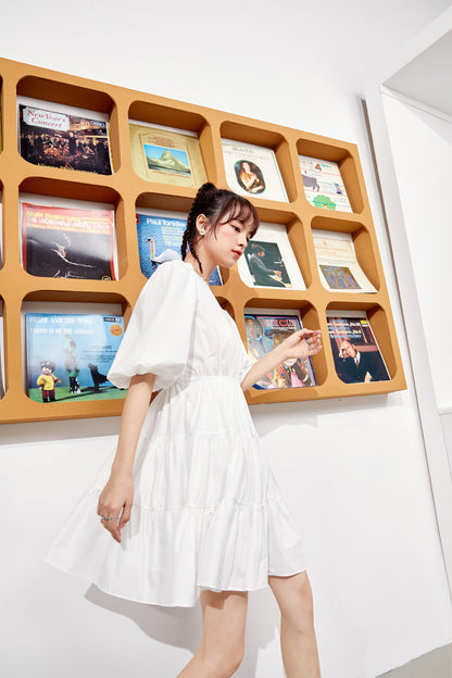 Solid Pure Casual Midi Ruffle Dresses Women,Spring ELF Vintage Lantern