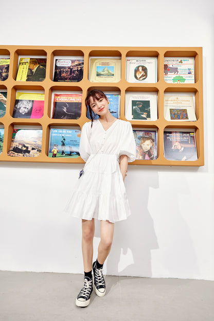 Solid Pure Casual Midi Ruffle Dresses Women,Spring ELF Vintage Lantern