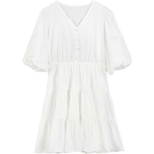 Solid Pure Casual Midi Ruffle Dresses Women,Spring ELF Vintage Lantern