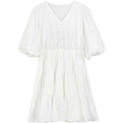 Solid Pure Casual Midi Ruffle Dresses Women,Spring ELF Vintage Lantern