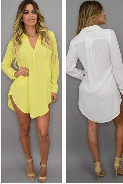 Summer Sexy V Neck Short Beach Dress Chiffon White Mini Loose Casual T