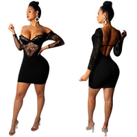Hot Sexy Hollow Lace Revealing Backpack Arm five-point Sleeve Dress