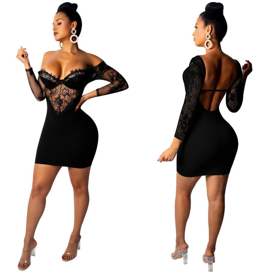 Hot Sexy Hollow Lace Revealing Backpack Arm five-point Sleeve Dress
