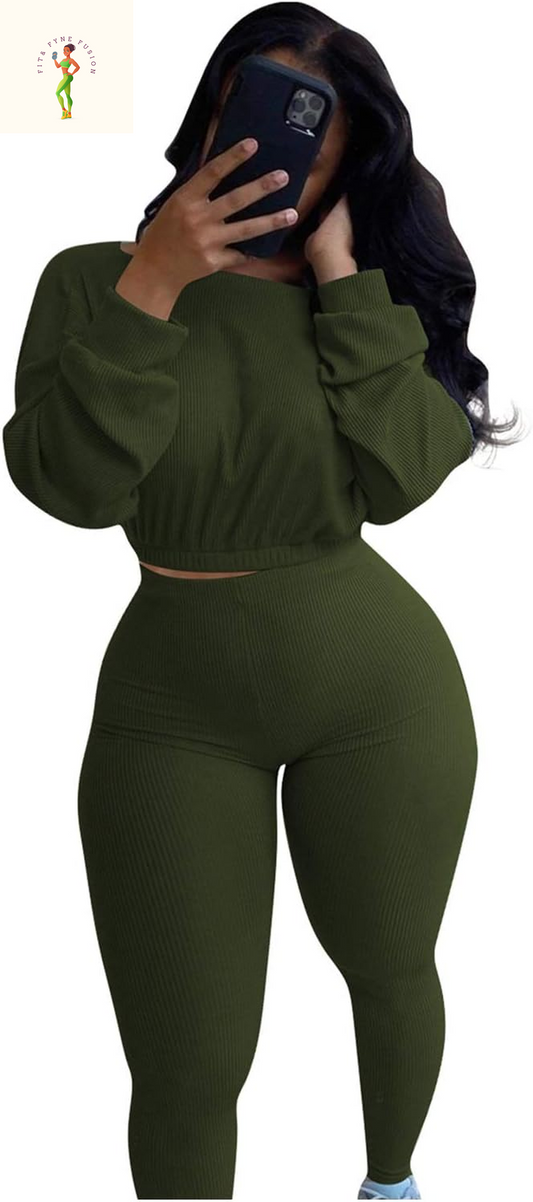 Womens Ribbed 2 Piece Outfits Long Sleeve Crop Top Pullover Skinny Long Pants Sweatsuits Set Tracksuit