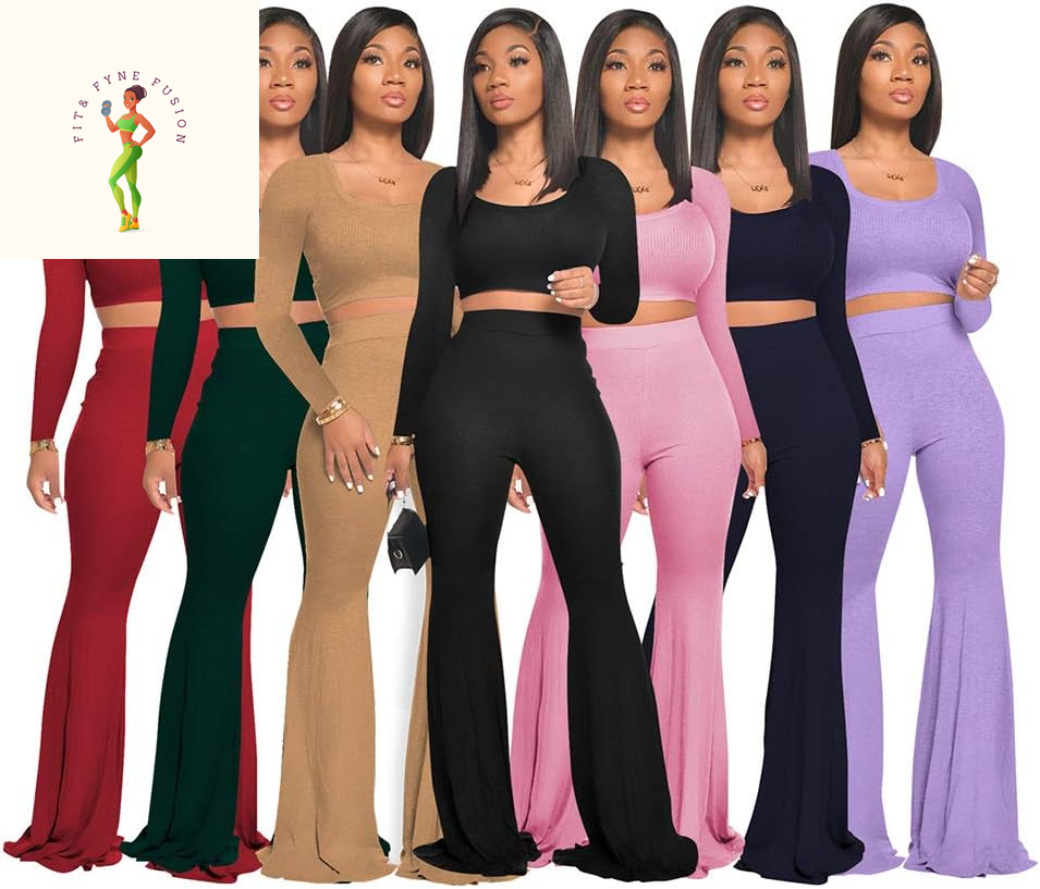 Two Piece Outfits for Women Sexy Crop Top + Flared Long Pants Sweat Suits Ribbed Fitted Tracksuits Yoga Set