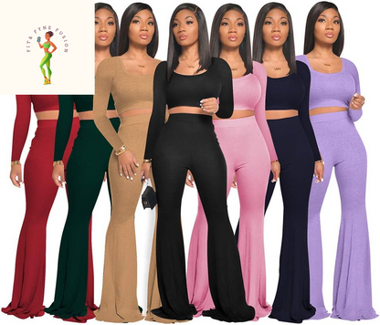 Two Piece Outfits for Women Sexy Crop Top + Flared Long Pants Sweat Suits Ribbed Fitted Tracksuits Yoga Set