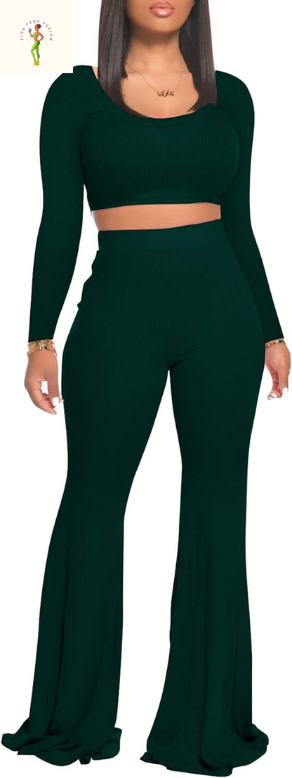 Two Piece Outfits for Women Sexy Crop Top + Flared Long Pants Sweat Suits Ribbed Fitted Tracksuits Yoga Set