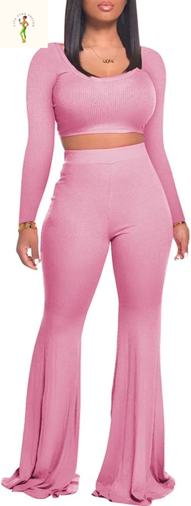 Two Piece Outfits for Women Sexy Crop Top + Flared Long Pants Sweat Suits Ribbed Fitted Tracksuits Yoga Set