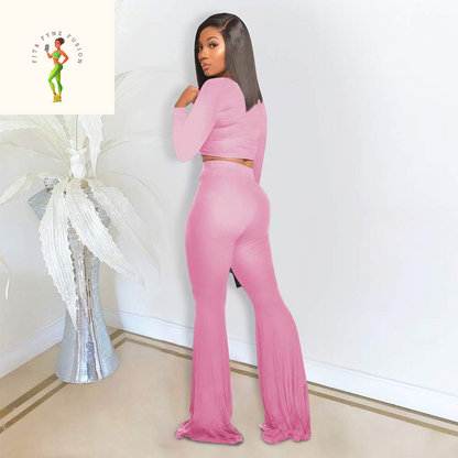 Two Piece Outfits for Women Sexy Crop Top + Flared Long Pants Sweat Suits Ribbed Fitted Tracksuits Yoga Set