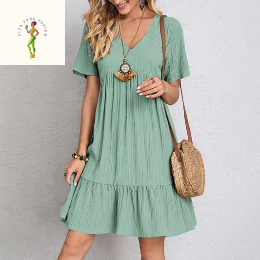 2025 Loose V-Neck Short Sleeved Pleated Women Dress Solid Color A-Line Beach Dresses Elegant Simple Comfortable Woman Clothing