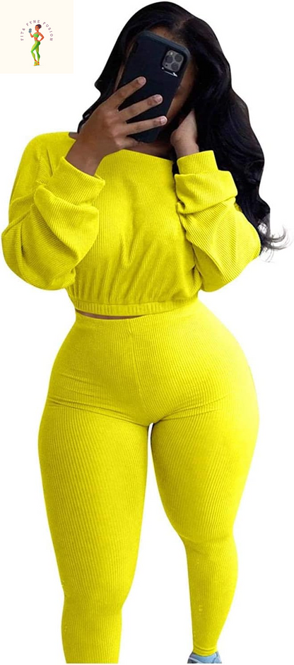 Womens Ribbed 2 Piece Outfits Long Sleeve Crop Top Pullover Skinny Long Pants Sweatsuits Set Tracksuit