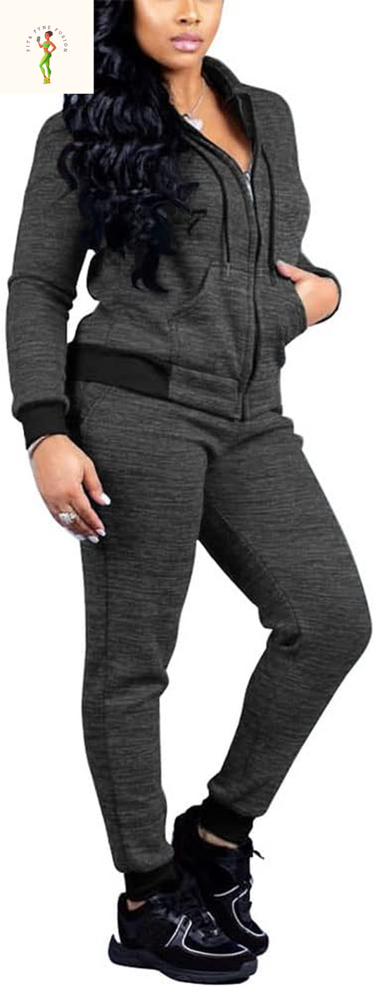 PINSV Two Piece Outfits for Women Long Sleeve Zip up Hoodie Jacket Sweatsuits Jogging Suits Casual Tracksuit Sets Carbon Black S