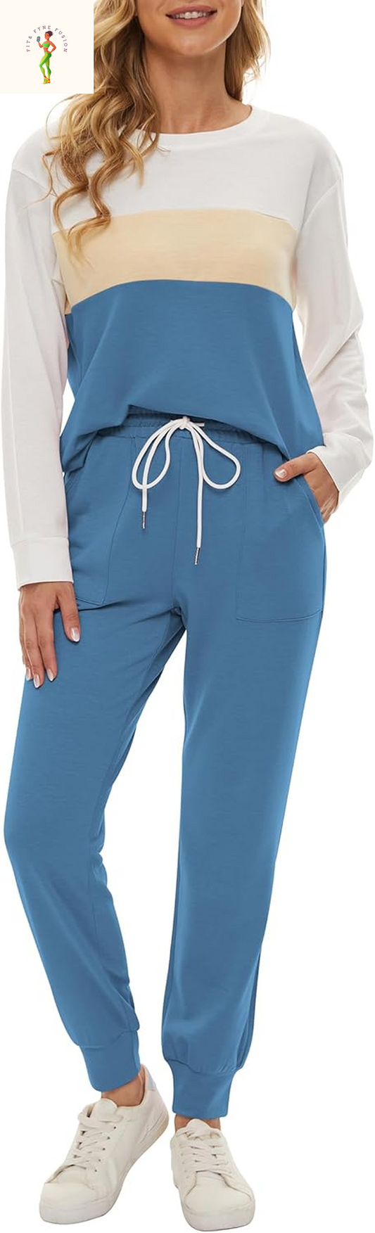 Fengbay Two Piece Outfits for Women,Long Sleeve Crewneck Pullover Tops and Pants Sweatsuits Lounge Set with Pockets