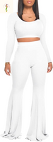 Two Piece Outfits for Women Sexy Crop Top + Flared Long Pants Sweat Suits Ribbed Fitted Tracksuits Yoga Set