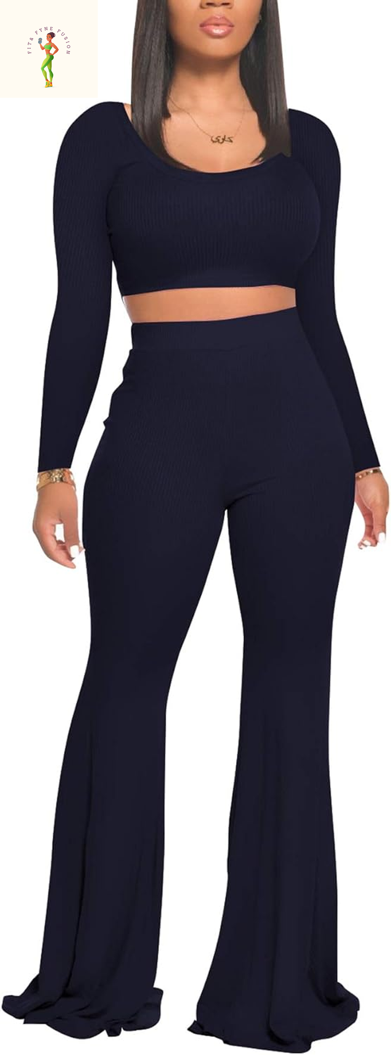 Two Piece Outfits for Women Sexy Crop Top + Flared Long Pants Sweat Suits Ribbed Fitted Tracksuits Yoga Set
