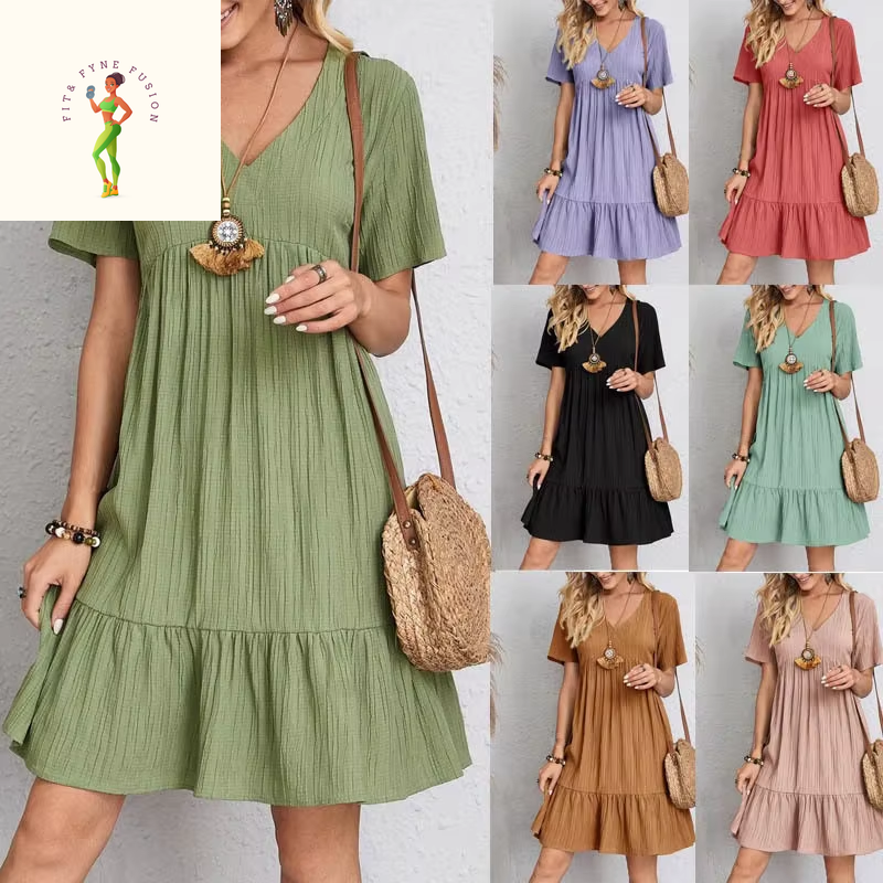 2025 Loose V-Neck Short Sleeved Pleated Women Dress Solid Color A-Line Beach Dresses Elegant Simple Comfortable Woman Clothing