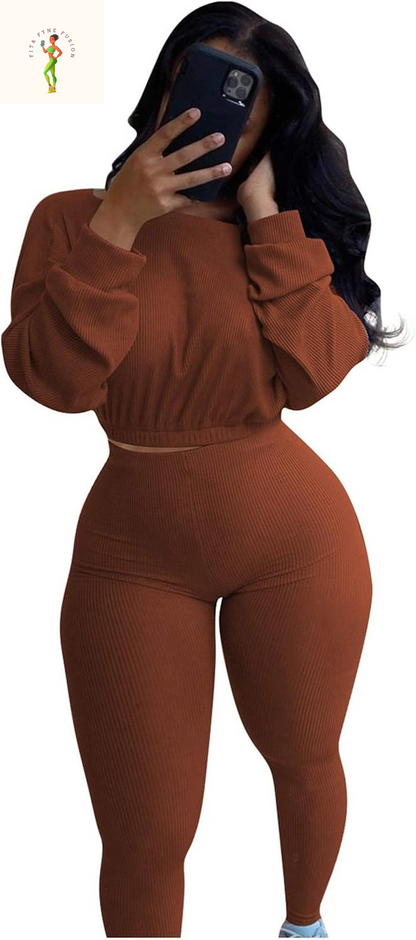 Womens Ribbed 2 Piece Outfits Long Sleeve Crop Top Pullover Skinny Long Pants Sweatsuits Set Tracksuit