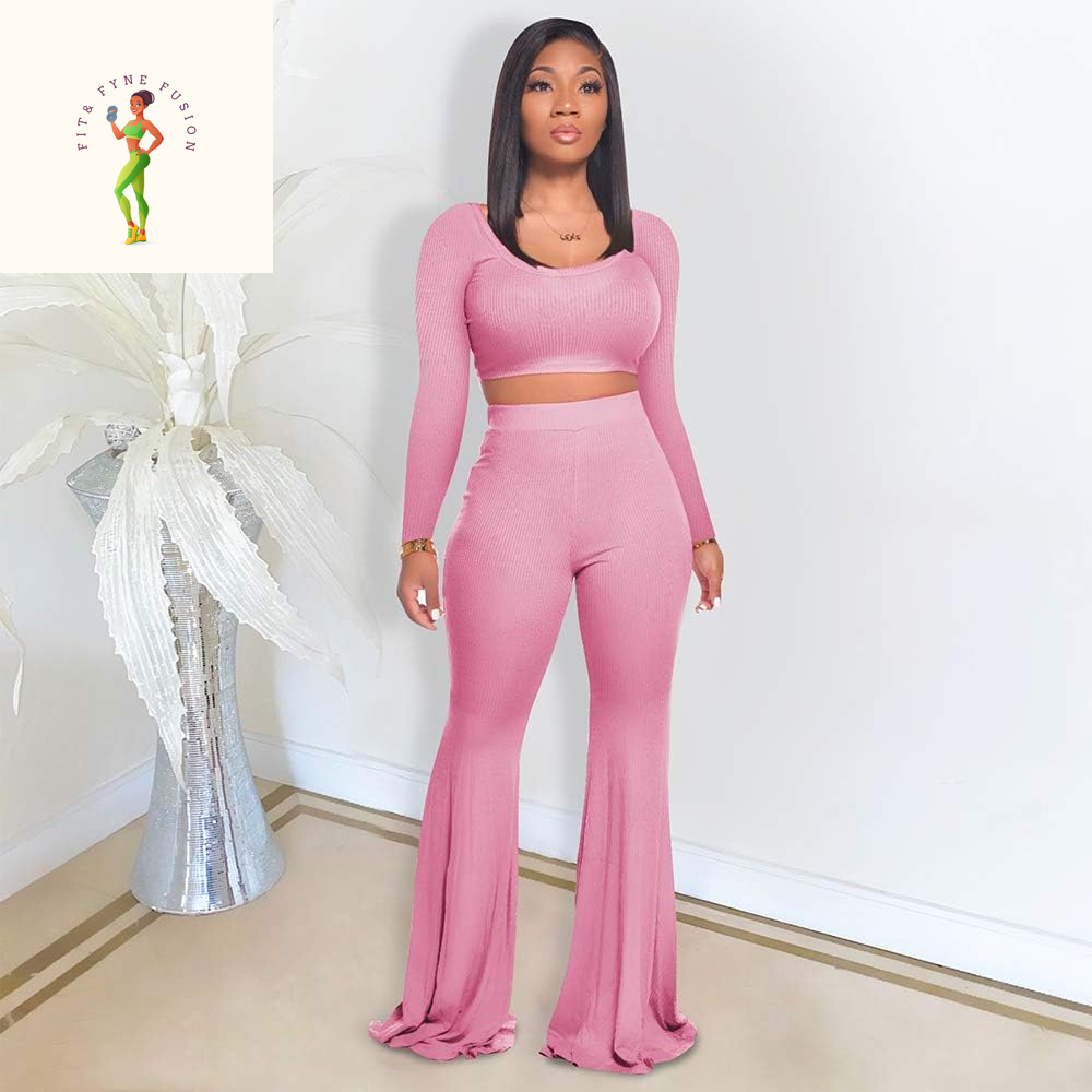 Two Piece Outfits for Women Sexy Crop Top + Flared Long Pants Sweat Suits Ribbed Fitted Tracksuits Yoga Set