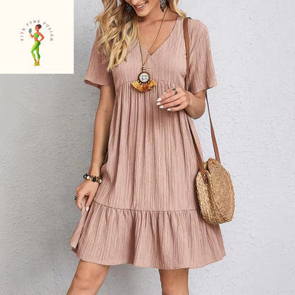 2025 Loose V-Neck Short Sleeved Pleated Women Dress Solid Color A-Line Beach Dresses Elegant Simple Comfortable Woman Clothing