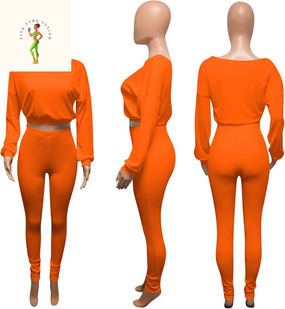 Womens Ribbed 2 Piece Outfits Long Sleeve Crop Top Pullover Skinny Long Pants Sweatsuits Set Tracksuit