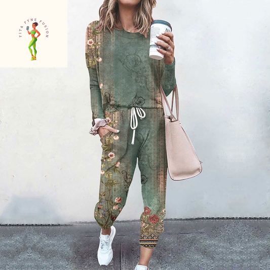 Moxiu Lounge Sets for Women Sweatsuits Sets 2024 Vintage Ethnic Style Printed Two Piece Outfit Long Sleeve Pant Jogging Suits plus Size Workout Athletic Tracksuits